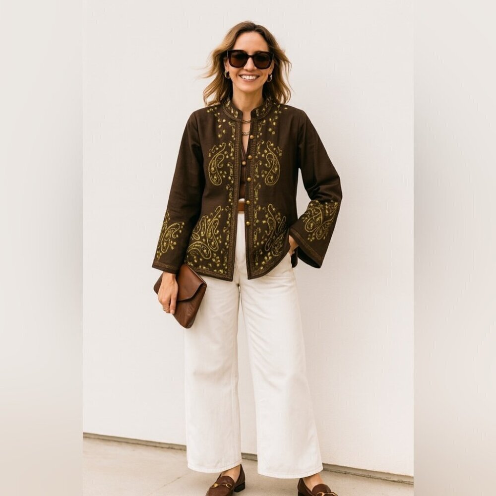 Silk Land Petite Brown Embroidered Mandarin Collar Boho Festival Jacket Size S